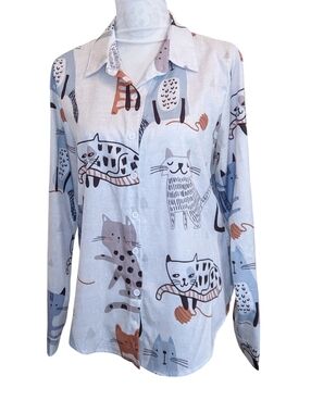 Cat Print Button-Down Shirt - White/Blue/Brown Medium